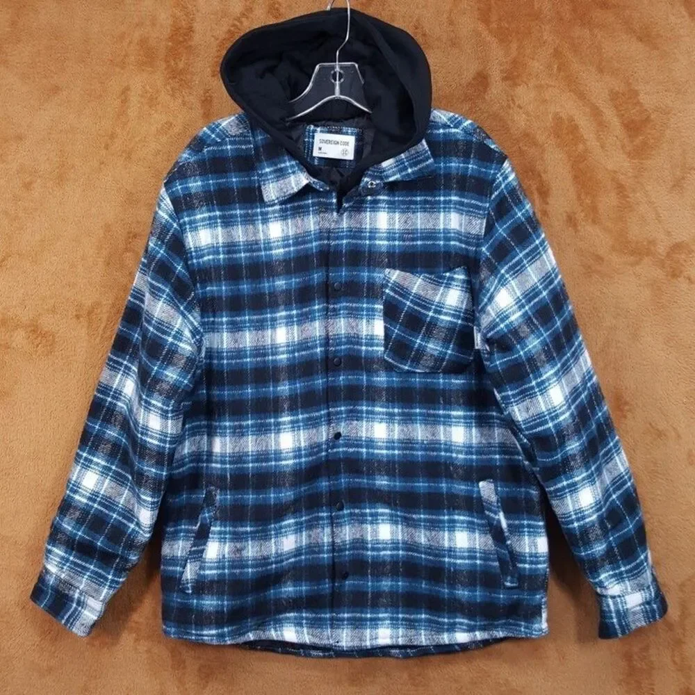 SOVEREIGN CODE Plaid Flannel Shirt Jacket Mens Medium Quilted Lining Hooded
